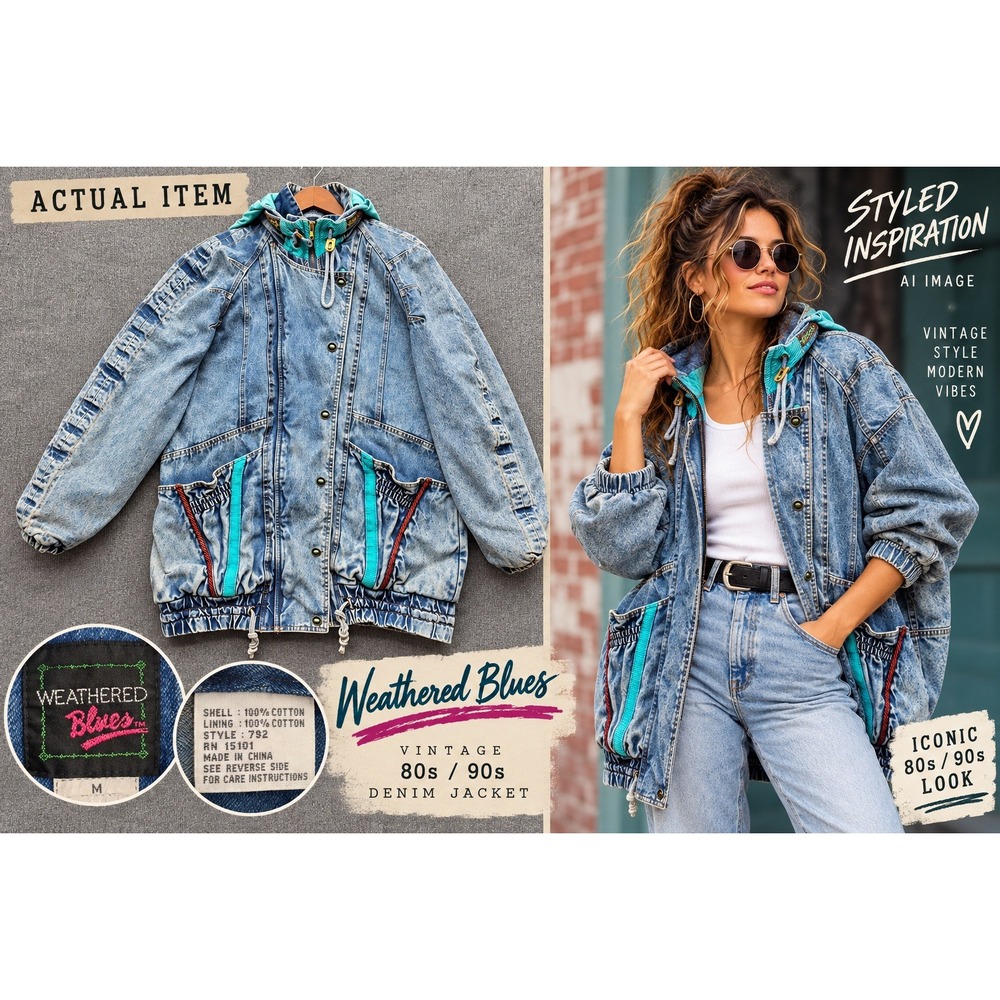 Weathered Blues Denim Jacket Womens Vintage 80s Acid Wash Blue M Excellent Retro